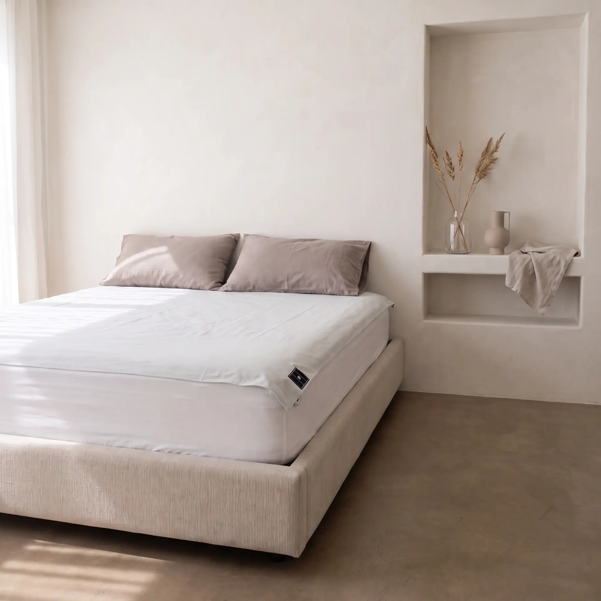 Light-grey Grounding Heart flat sheet laid across a bed without elastic straps