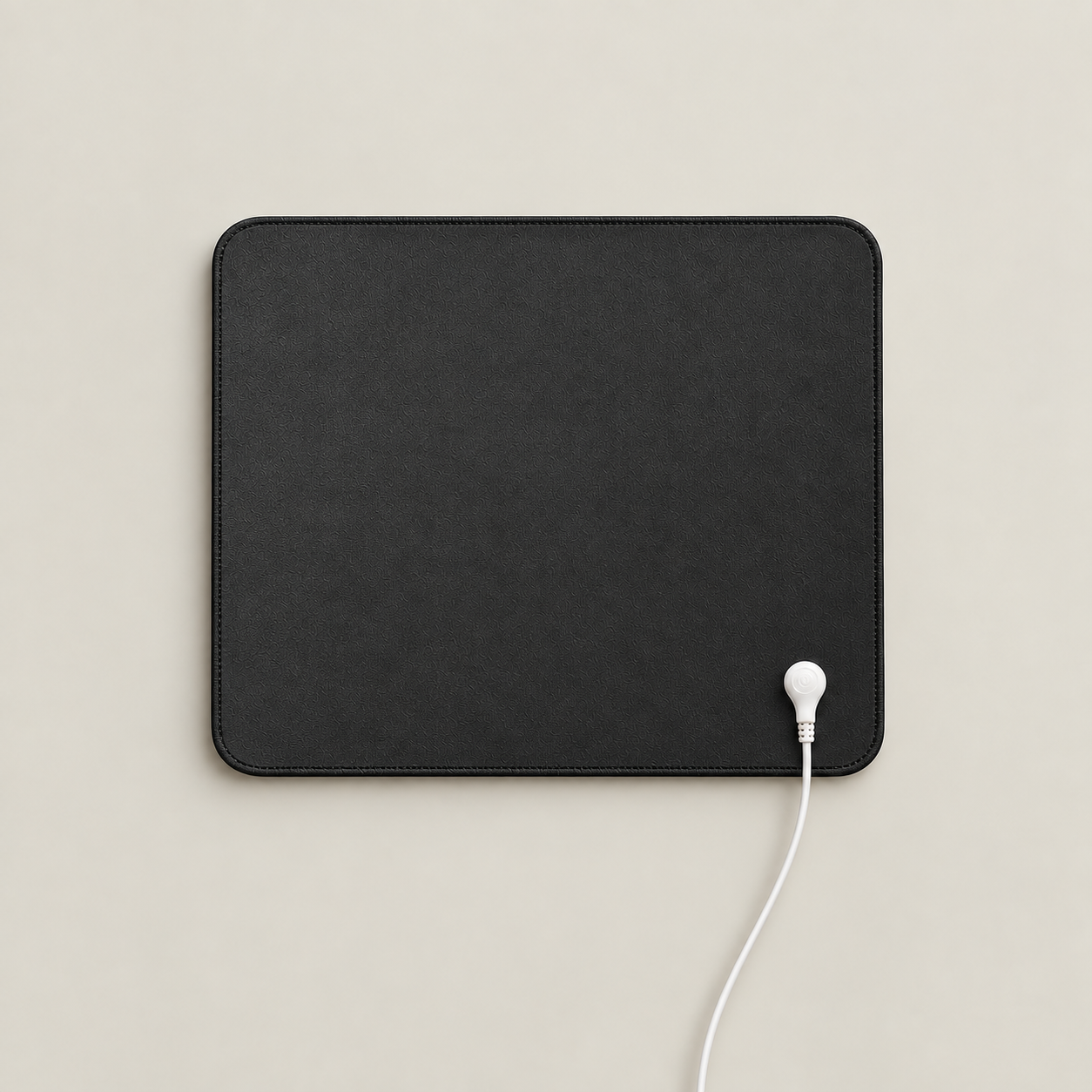 Black grounding mat with white connection cord